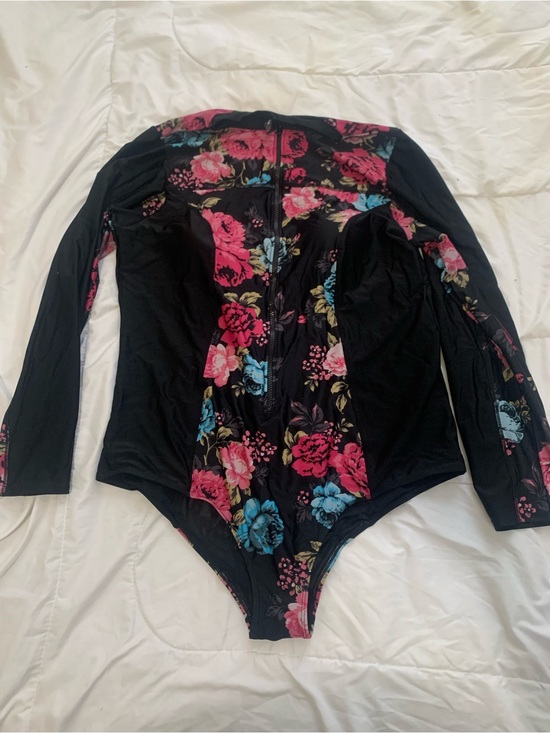 torrid Other - Torrid Black Floral Long-Sleeve Zip-Up Women’s One-Piece Swimsuit